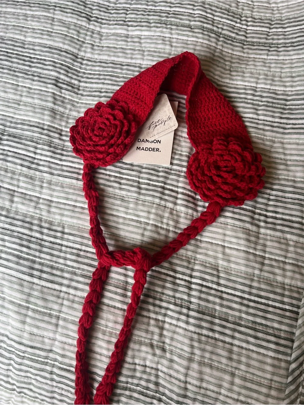 Damson Madder Red Knit Ear Muffs with Flower Accent